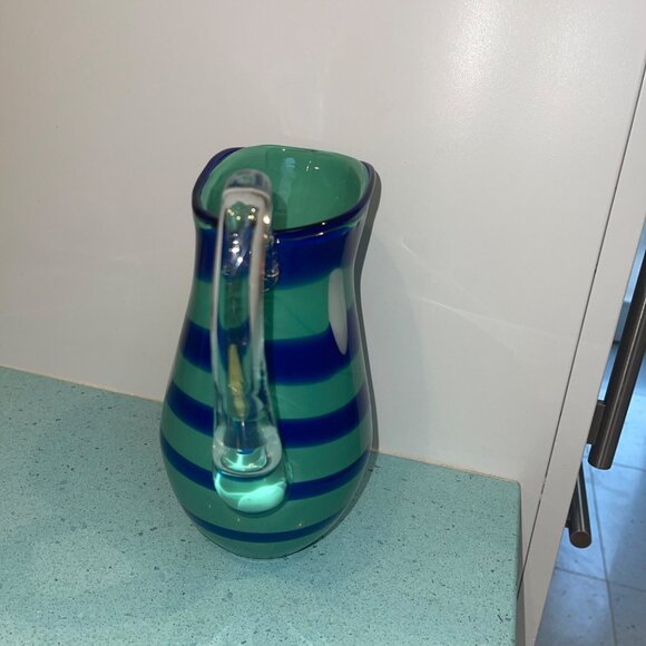 Pitcher Green Hand Blown Striped Art Glass Decor Collectible - Picture 3 of 8